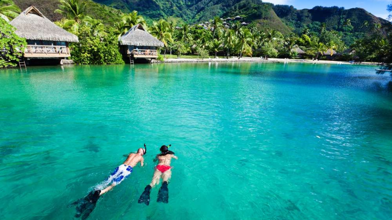 Areal view of two people snorkeling in a tropical location
